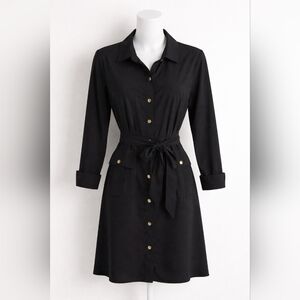 Black Button-Front Shirt Dress with Tie Belt